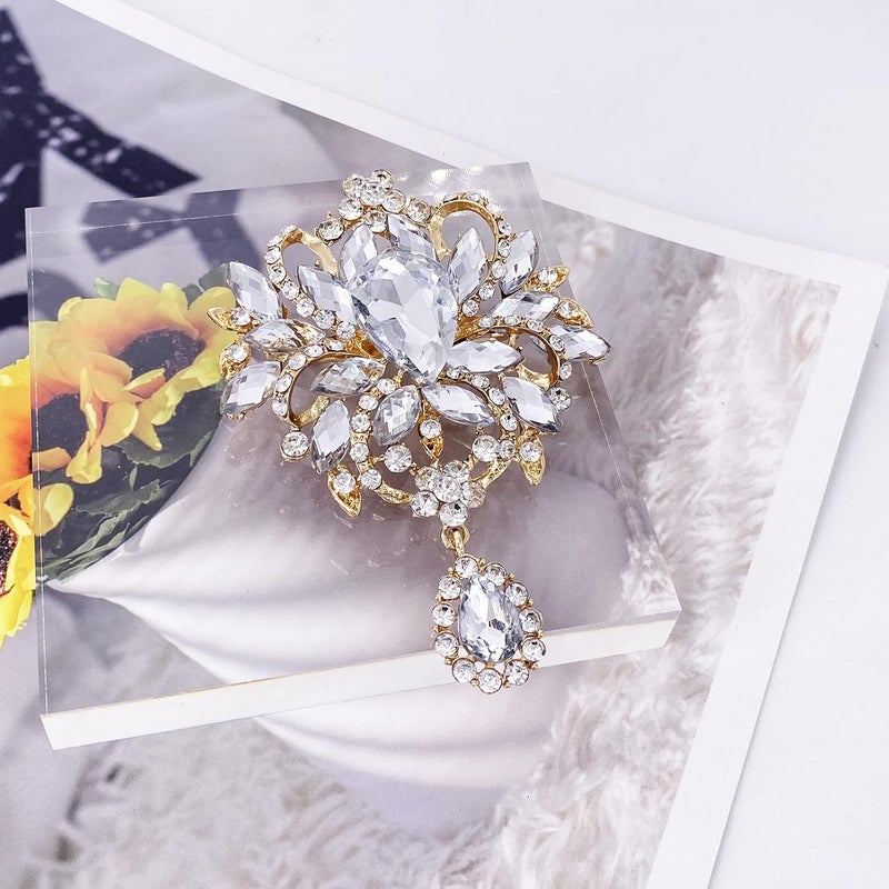 LAXPICOL Wedding Bridal Big Brown Crystal Rhinestone Bouquet Brooch Pin for Women Golden Tone - Image 2